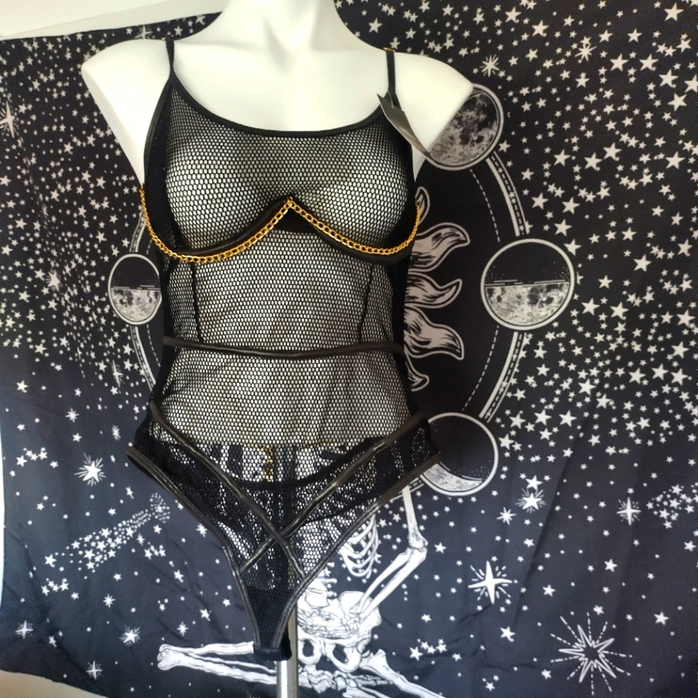 LANA RHOADES X YANDY Black Mesh & Gold Chain Teddy size M NWT